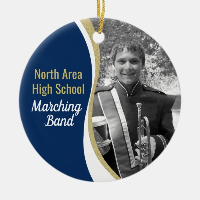Marching Band Blue and Gold Photo Ceramic Tree Decoration (Front)