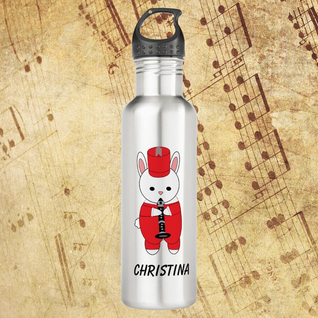 Marching Band Bunny Clarinet Personalise Red White 710 Ml Water Bottle (A water bottle with a rabbit playing the clarinet with text you can personalize!)