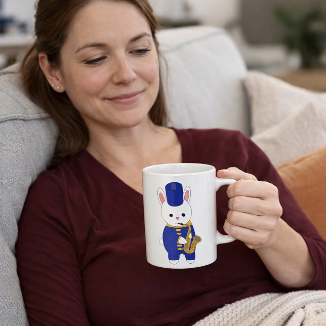 Marching Band Bunny Playing Saxophone Cute Blue  Coffee Mug (A mug with a rabbit playing the saxophone in a blue and gold marching band uniform.)