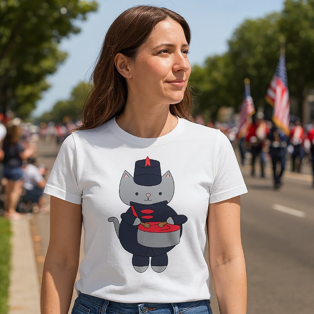 Marching Band Cat Navy Blue Red T-Shirt (A tshirt featuring a gray cat wearing a navy blue & red marching band uniform playing the drums.)