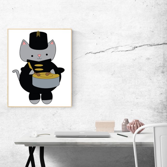 Marching Band Cat Snare Drum Black and Gold Poster (A poster of a cat in a black and gold marching band uniform playing the snare drum.)