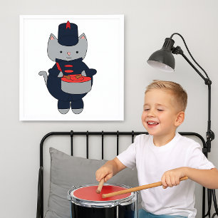 Marching Band Cat Snare Drum Red Navy Blue Poster