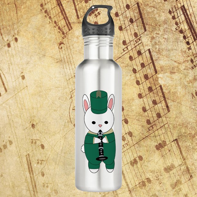 Marching Band Clarinet Rabbit Green Gold 710 Ml Water Bottle (A water bottle with a rabbit playing clarinet wearing a green & gold marching band uniform.)