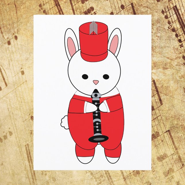Marching Band Clarinet Rabbit Red White Postcard (A postcard featuring a bunny rabbit wearing a red and white marching band uniform playing a clarinet)