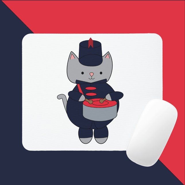 Marching Band Drum Gray Cat Navy Blue Red Mouse Pad (A mousepad with a gray cat playing the snare drum & wearing a navy blue & red marching band uniform.)