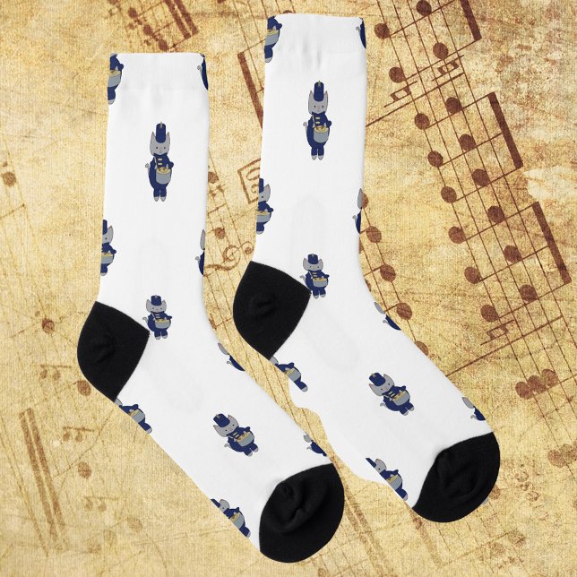 Marching Band Drummer Cat Navy Blue Gold Pattern Socks (Pair of socks with a pattern of  cats playing the drums in a navy blue & gold marching band uniform)
