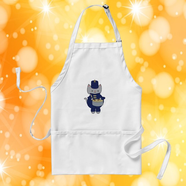 Marching Band Drummer Cat Navy Blue Gold Standard Apron (An apron with a snare drum playing cat in a navy blue and gold marching band uniform.)