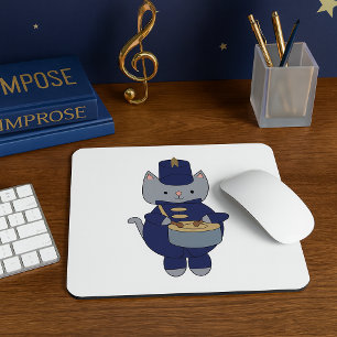 Marching Band Drummer Gray Cat Navy Blue Gold Mouse Pad