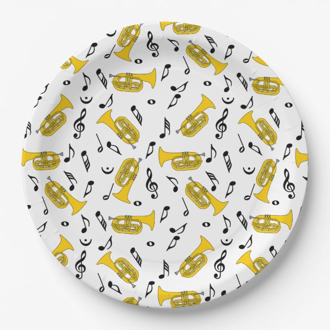 Marching Baritone Music Notes Treble Clefs Paper Plate (Front)