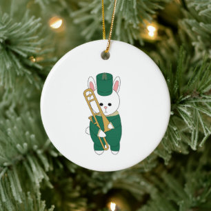 Marching Bunny Trombone Green Gold Personalize Ceramic Tree Decoration