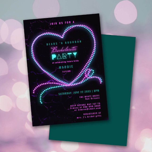Mardi Beads Bourbon Neon Heart Bachelorette Party Invitation (Creator Uploaded)