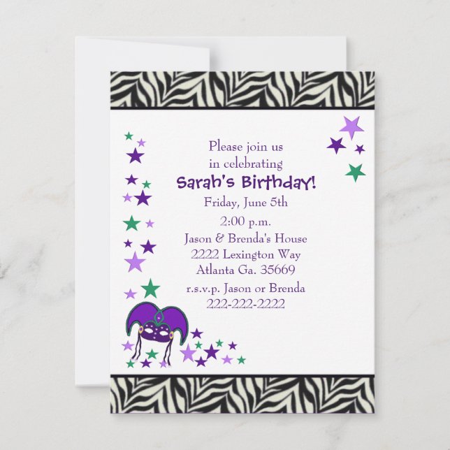 Mardi Gra Theme Birthday party Invitation (Front)