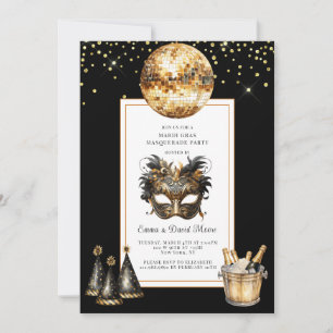 Mardi Gras 2026 Black Gold Glitter Invitation