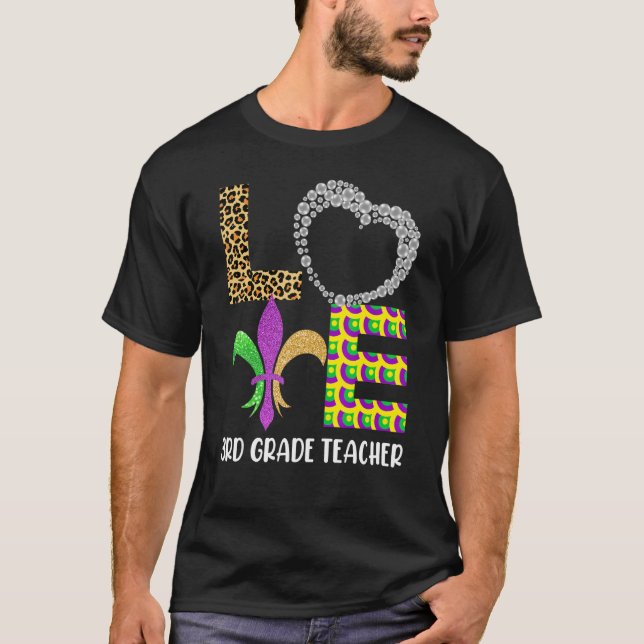 Mardi Gras 3rd Grade Teacher Beads Mask Feather Co T-Shirt (Front)