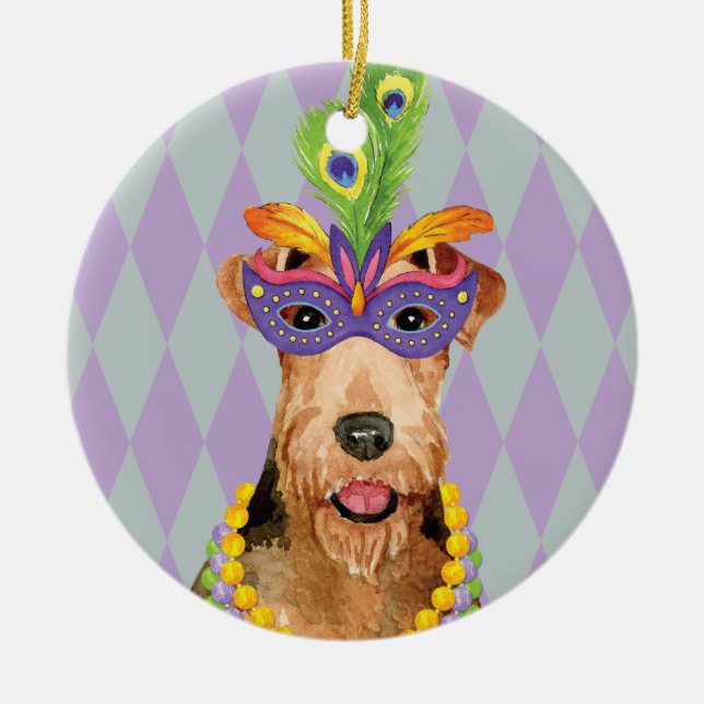 Mardi Gras Airedale Ceramic Tree Decoration (Front)