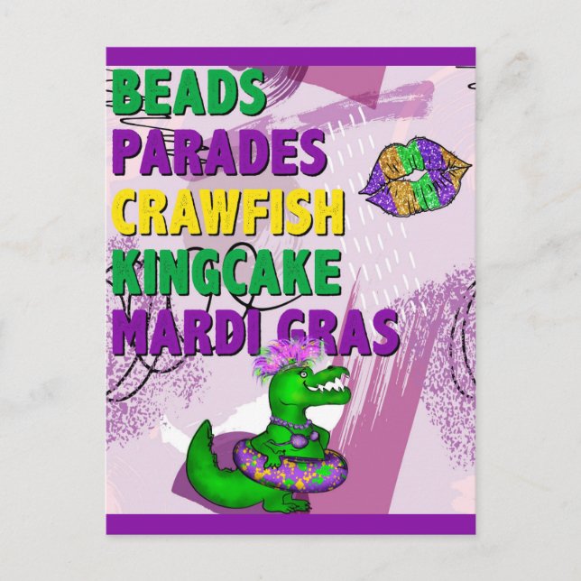 Mardi Gras Alligator Purple Green Gold Postcard (Front)