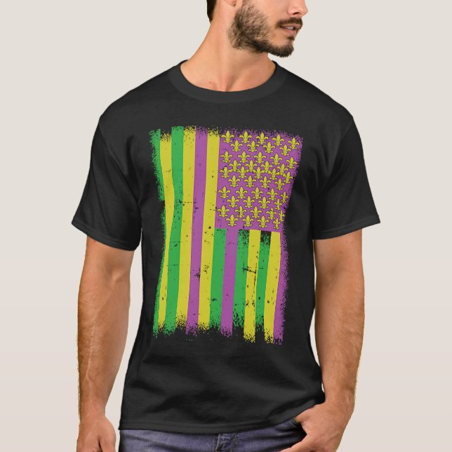 Mardi Gras American Flag Green Yellow Purple T-Shirt (Front)