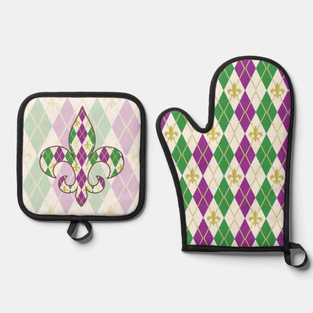 Mardi Gras Argyle Oven Mitt & Pot Holder Set (Front)