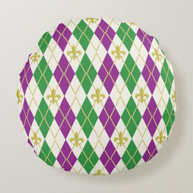 Mardi Gras Argyle Round Pillow (Front)