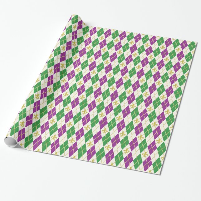 Mardi Gras Argyle Wrapping Paper (Unrolled)