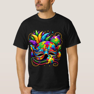 Mardi Gras Autism Awareness Mask Feathers Puzzle T-Shirt