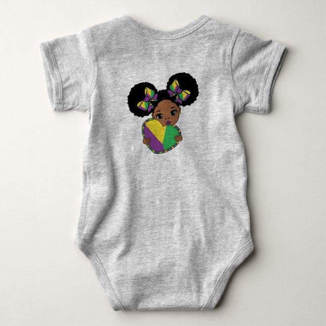 Mardi Gras Baby Girl Holding Heart  Bodysuit (Back)