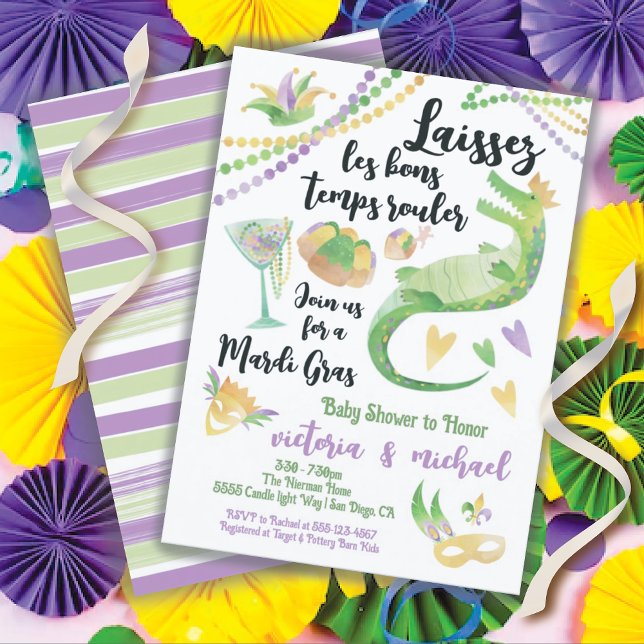 Mardi Gras Baby Shower watercolor Alligator Invitation (Creator Uploaded)