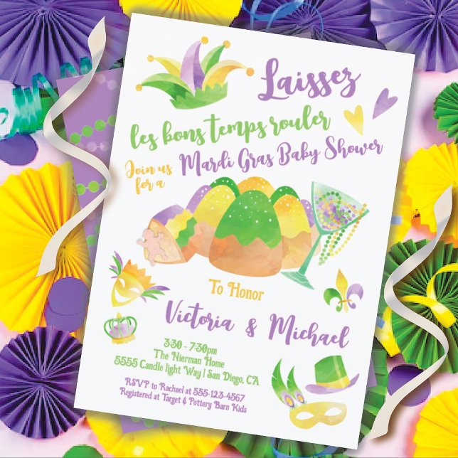 Mardi Gras Baby Shower watercolor King Cake Invitation (Creator Uploaded)