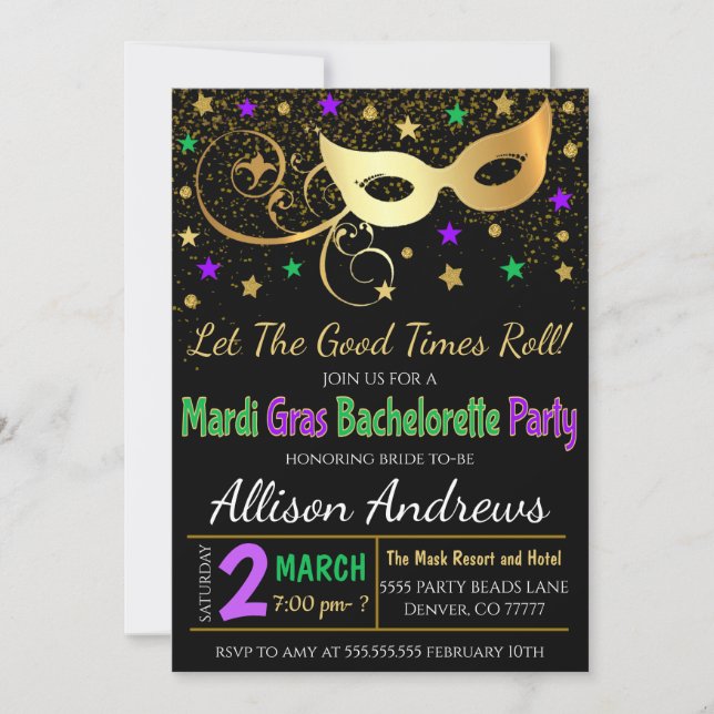 Mardi Gras Bachelorette Party Invitation (Front)