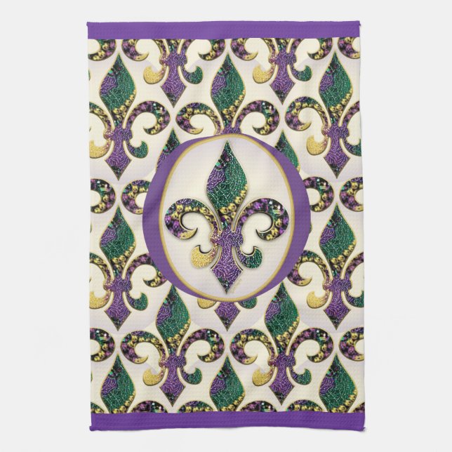 Mardi Gras Bead Fleur de lis Tea Towel (Vertical)