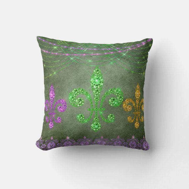 Mardi Gras Beads And Diamond Fleur de Lis Cushion (Front)