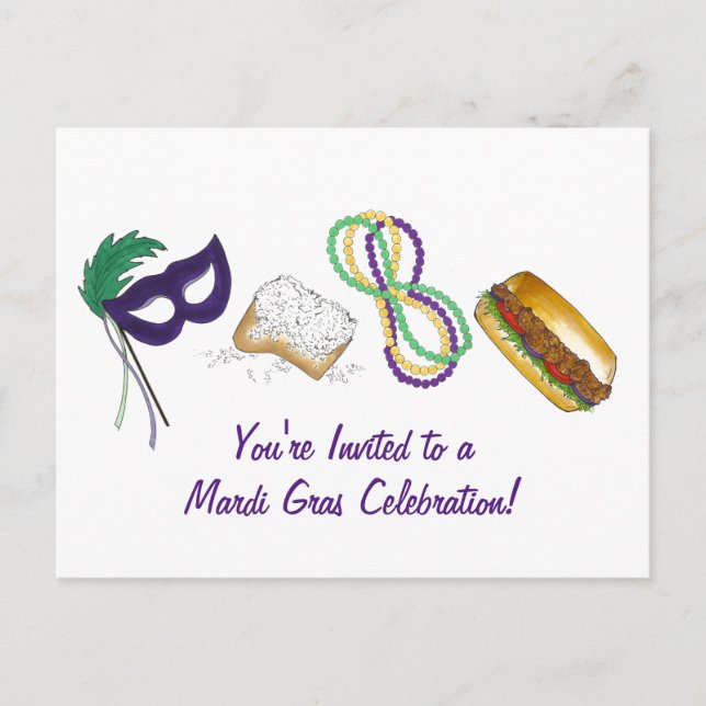 Mardi Gras Beads Beignet Mask Party Invitation Postcard (Front)