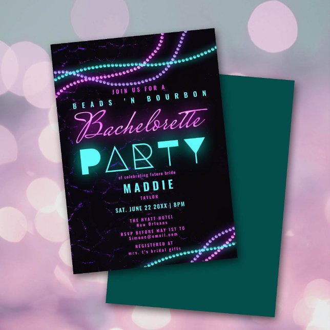 Mardi Gras Beads Bourbon Neon Bachelorette Party Invitation (Creator Uploaded)