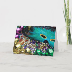 Mardi Gras Beads & Green Feather Mask Card