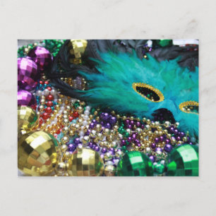 Mardi Gras Beads & Green Feather Mask Postcard