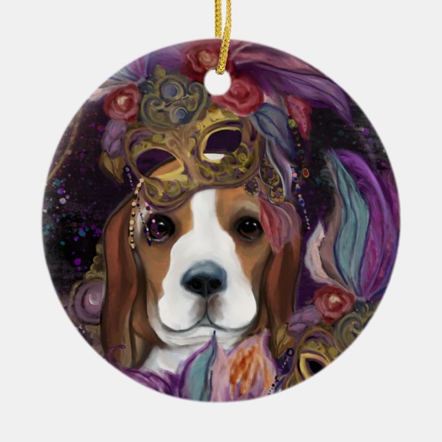 MARDI GRAS BEAGLE CERAMIC TREE DECORATION (Front)