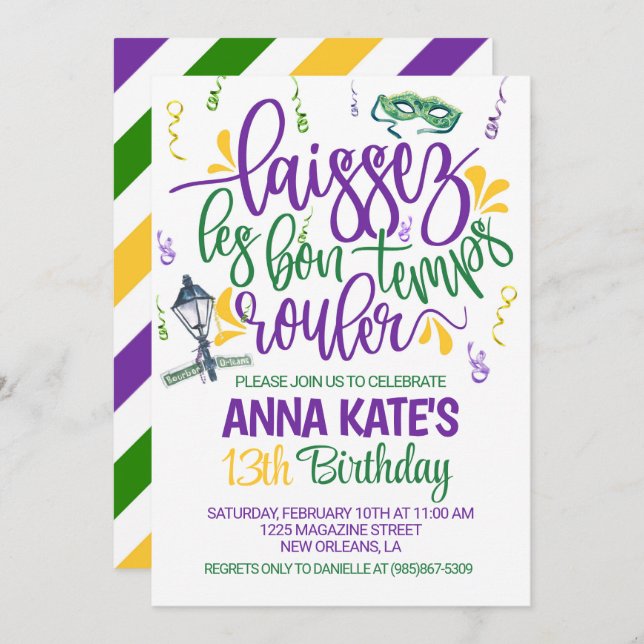 Mardi Gras Birthday Invitation (Front/Back)