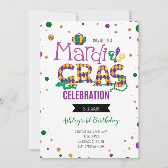 Mardi gras birthday invite (Front)