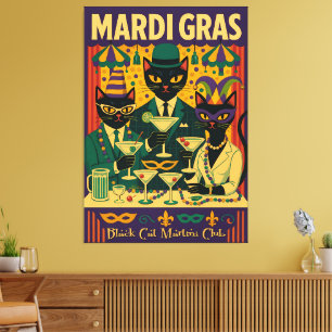 Mardi Gras Black Cat Martini Club Trio Canvas Print