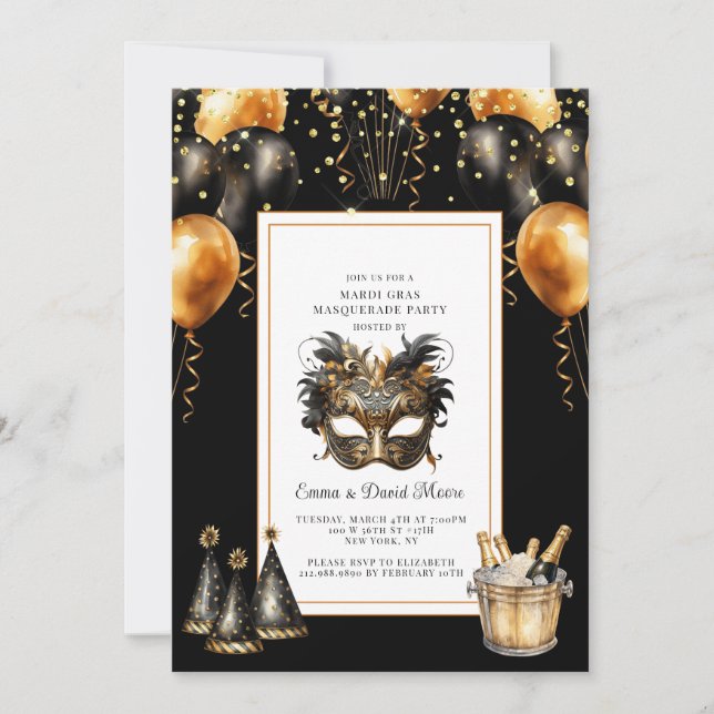Mardi Gras Black Gold Glitter Invitation (Front)