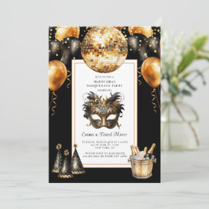 Mardi Gras Black Gold Glitter Invitation