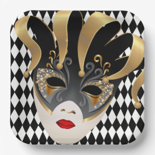 Mardi Gras Black & White Diamond  Paper Plate