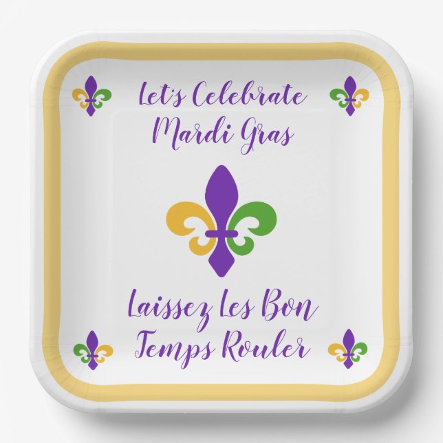 Mardi Gras Bon Temp Green Gold Purple Fleur de Lis Paper Plate (Front)