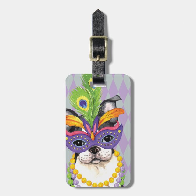 Mardi Gras Boston Terrier Luggage Tag (Front Vertical)