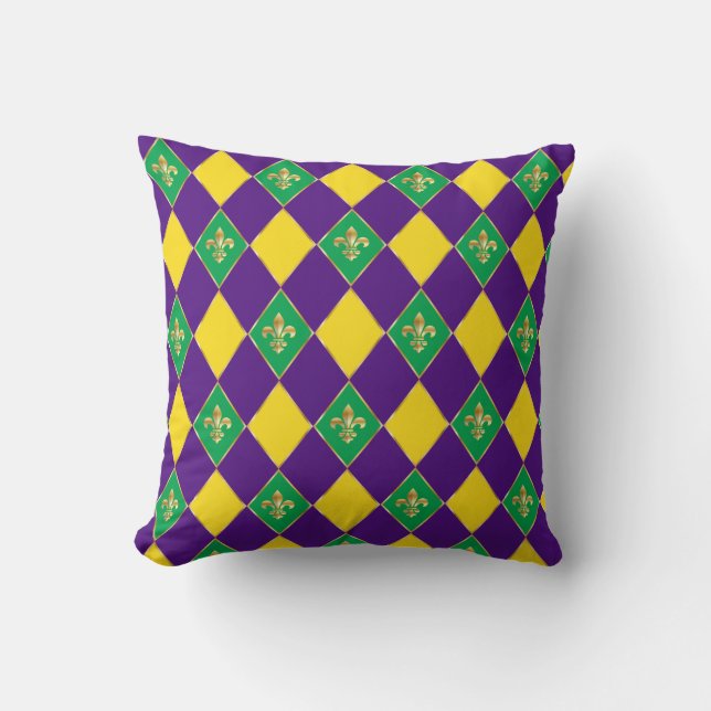 Mardi Gras Carnival Festive Fleur de Lis Diamond Cushion (Front)