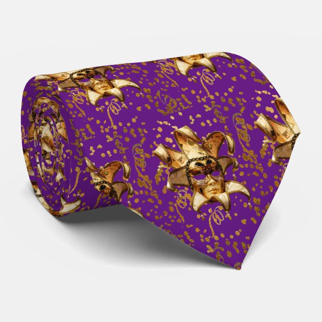 Mardi Gras Carnival  Gold Mask  Confetti Purple Tie (Rolled)