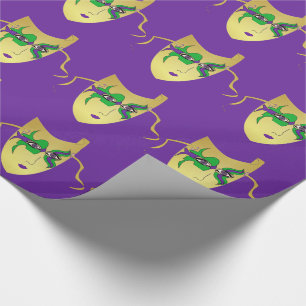 Mardi Gras Carnival Gold Mask On Purple Wrapping Paper