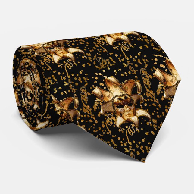 Mardi Gras Carnival  Gold Mask With Confetti Black Tie (Rolled)