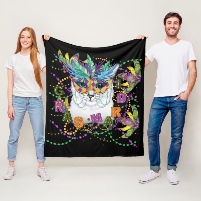 Mardi Gras Cat, Funny Mardi Gras Fleece Blanket (In Situ)