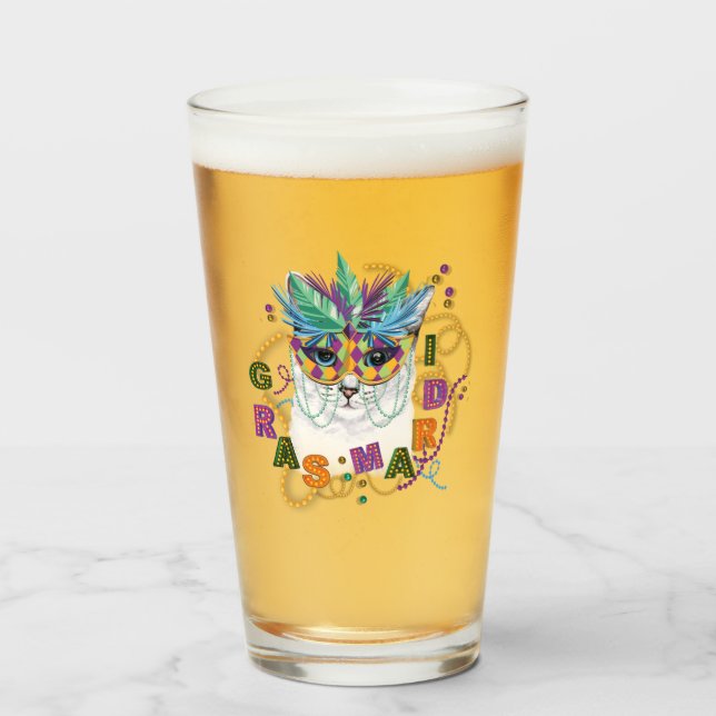 Mardi Gras Cat, Funny Mardi Gras Glass (Front Filled)